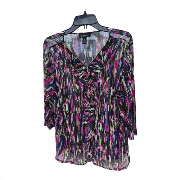 Inc International Sheer Blouse 1X Plus Womens Rainbow Ruffles 3/4 Sleeve Y2K - Picture 1 of 12